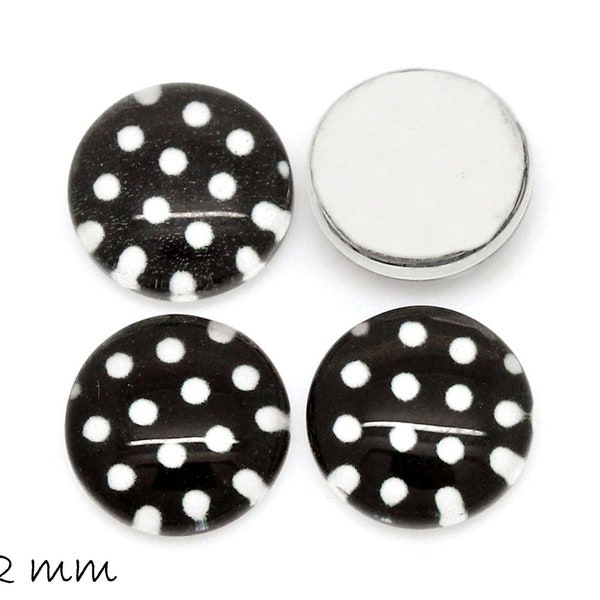 10 runde Glas Cabochons mit schwarz mit weißen Punkten Ø 12 mm