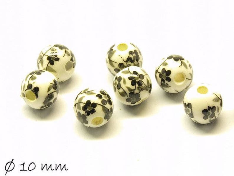 10pcs porcelain beads Ø 10 mm white black flowers flowers image 1