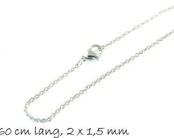 Chaîne à maillons finie en acier inoxydable, platine-argent, 60 cm de long, 2 x 1,5 mm