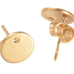 Stud earrings with eyelet stainless steel, gold, round, disc, earrings, 8 mm