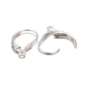 Könnte beinhalten: Zwei silberne Ohrhaken mit einem Hebelverschluss. Die Haken sind aus Metall und haben eine glatte Oberfläche.