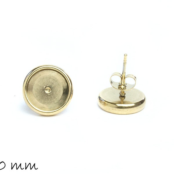 Massive Ohrsteckerrohlinge mit Cabochonfassung (10 mm) aus Edelstahl, gold