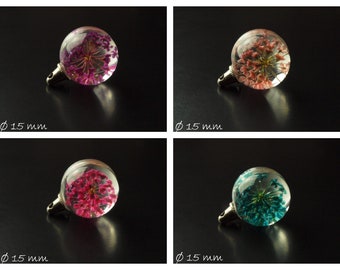 Boule en verre suspendue avec de vraies fleurs Ø 15 mm, différentes couleurs, argent