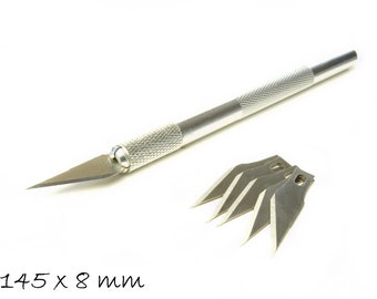Cutter knife cutting tool, with protective cap and 5 blades, 145 mm long