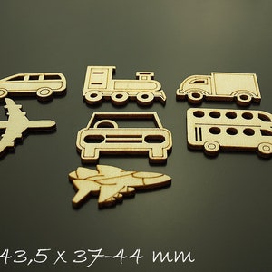 7 pcs pendants wooden beads, vehicles, airplanes,...