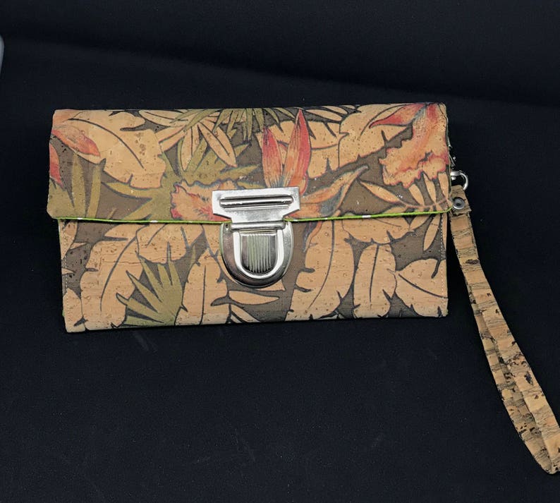 Purse wallet with mobile phone pouch RFID blocker flower cork vegan