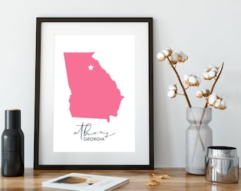 Mapa de arte de Atenas Georgia - Arte de pared de Atenas GA imprimible - Mapa de Atenas - rosa jpg pdf 4x5, 8x10, 11x14, 12x15, 16x20 - UGA Wall Art