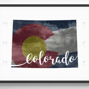 Colorado State Outline Watercolor with Colorado State Flag Background -  Printable Colorado Wall Art