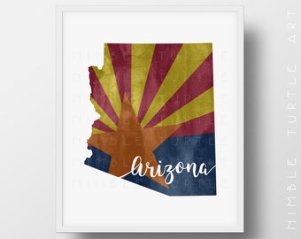 Arizona State Outline Watercolor with Arizona State Flag Background -  Printable Arizona Wall Art  -  With Blank State Outline SVG