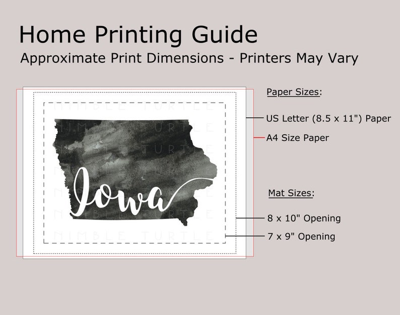 May include: Black and white watercolor illustration of the state of Iowa with the word "Iowa" written in white cursive. The image is framed with a dashed line and includes information about paper and mat sizes for printing.