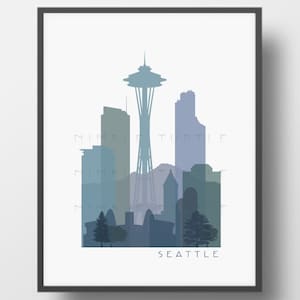 Seattle Skyline Printable Download, Blue Green, Seattle Washington Gallery Wall Art, Seattle Seahawks