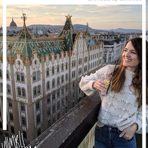 May include: A woman wearing a white sweater and blue jeans stands on a rooftop overlooking a city skyline. She is holding a glass with a lemon wedge and a straw. The text "hello!" is written in black cursive at the top of the image. The text "I'm June. Thank you for visiting my shop! I am always on the move and making new art. Can't find your city? Let me know!" is written in black text below the image. The text "whimble turtle" is written in black cursive at the bottom left of the image. The text "xo June" is written in black cursive at the bottom right of the image.