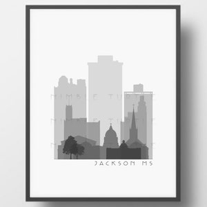 Jackson Skyline Printable Download  -  Black and White  -  Grayscale - Jackson Mississippi Gallery Wall Art