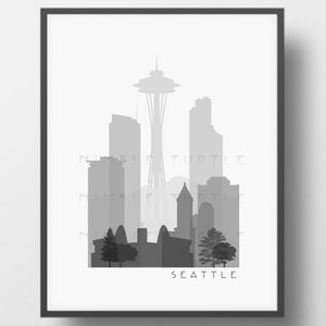 Seattle Skyline Printable Download  -  Black and White  -  Grayscale - Seattle Washington Gallery Wall Art