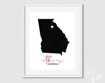 Mapa de arte de Atenas Georgia - Arte de pared de Atenas GA imprimible - Mapa de Atenas - rojo y negro jpg pdf 4x5, 8x10, 11x14, 12x15, 16x20 - UGA Wall Art