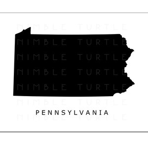 May include: Black and white silhouette of the state of Pennsylvania with the text "PENNSYLVANIA" below it.