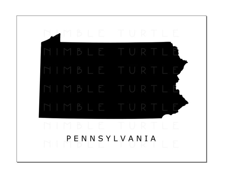 May include: Black and white silhouette of the state of Pennsylvania with the text "PENNSYLVANIA" below it.