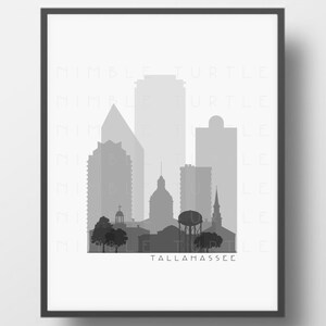 Tallahassee Skyline Printable Download - Czarno-biały - Skala szarości - Tallahassee Florida Gallery Wall Art
