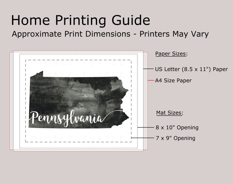 May include: A black and white watercolor illustration of the state of Pennsylvania with the word "Pennsylvania" written in white cursive script. The image is surrounded by a dashed line border and includes instructions for printing and matting sizes.