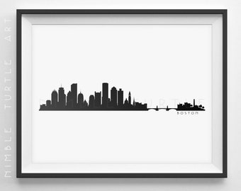 May include: Black and white silhouette of the Boston skyline, including the city's iconic skyscrapers and bridges. The text "BOSTON" is printed below the skyline.