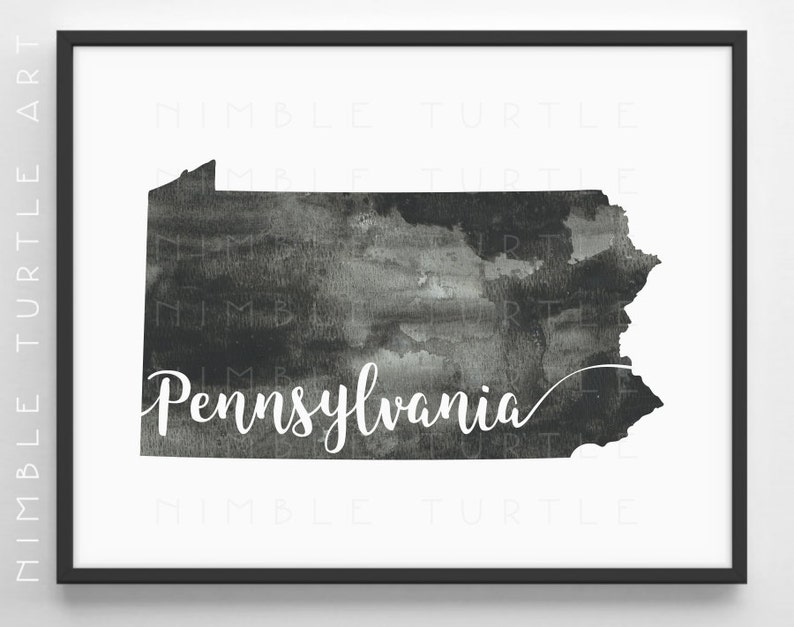 May include: A black and white watercolor illustration of the state of Pennsylvania. The state outline is filled with a dark gray watercolor wash and the word "Pennsylvania" is written in white cursive lettering.