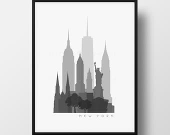 New York Skyline Printable Download  -  Black and White  -  Grayscale  -  Last Minute Gift