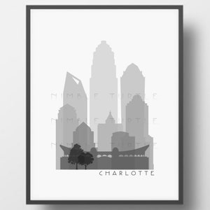 Charlotte Skyline Stampabile Download - Bianco e Nero - Gradazioni di grigio - Charlotte North Carolina Gallery Wall Art