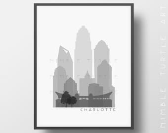 Charlotte Skyline Stampabile Download - Bianco e Nero - Gradazioni di grigio - Charlotte North Carolina Gallery Wall Art