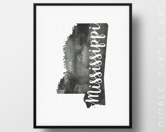 Mississippi State Outline Aquarel - Afdrukbare Mississippi Wall Art - Wordt geleverd met blanke staatscontour SVG - Gallery Wall Art