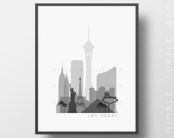 Könnte beinhalten: Eine Graustufen-Silhouette der Skyline von Las Vegas, Nevada. Die Skyline zeigt ikonische Wahrzeichen wie die Nachbildung des Eiffelturms, den Stratosphere Tower und das Schild 'Welcome to Fabulous Las Vegas'.