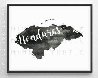 Honduras Watercolor Map  -  Black and White  -  Gallery Wall Art