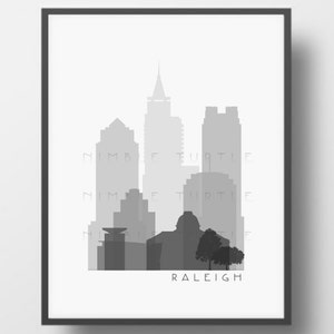 Raleigh Skyline Printable Download  -  Black and White  -  Grayscale - Raleigh North Carolina Gallery Wall Art