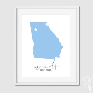 Marietta Georgia Kunst Karte - Druckbare Georgia Wandkunst - Marietta Karte - jpg pdf 4x5, 8x10, 11x14, 12x15, 16x20 - Himmelblaue Wandkunst