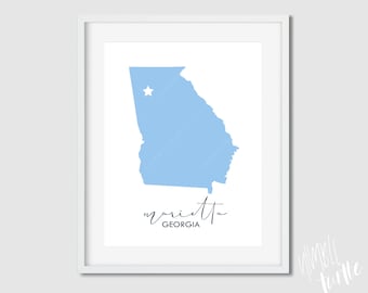 Marietta Georgia Art Map - Wydrukowana Georgia Wall Art - Marietta Map - jpg pdf 4x5, 8x10, 11x14, 12x15, 16x20 - Niebo niebieskie wall art
