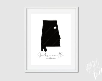 Jacksonville Alabama Art Map -  Printable AL Wall Art  - Jacksonville Map - jpg pdf 4x5, 8x10, 11x14, 12x15, 16x20  - Jacksonville State Art