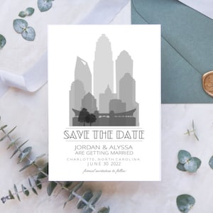 Charlotte Save the Date - Charlotte Skyline - Invitación de boda de Charlotte, invitación, guardar las fechas, diseño de silueta