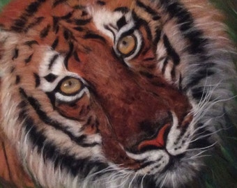wool picture, "Brown Tiger" picture, holiday gifts, woolpaint, Décor Wall Art, handmade painting, Textil art, Fiber art, picture of wool