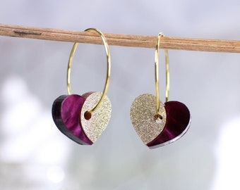 Small Hearts Art Deco Earrings, Gold Sparkle And Red Wine Marble Acrylic Heart Earrings with Walnut Wood Base, Valentines Heart Earrings