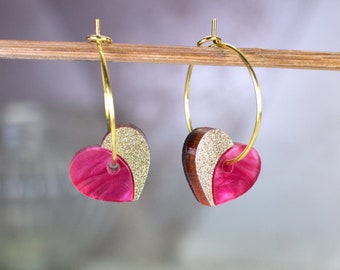 Small Hearts Art Deco Earrings, Gold Sparkle And Pink Marble Acrylic Heart Earrings with Walnut Wood Base, Valentines Heart Earrings
