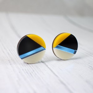 Art Deco Round Earrings, Retro Circle Earrings, Yellow Earrings, Acrylic Earrings, 1960's Earrings, Stud Earrings, Lazer Cut Earrings