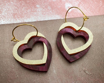 Gold Hearts Art Deco Earrings, Red Wine Marble and Gold Sparkle Acrylic Heart Earrings with Walnut Wood Base, Valentines Heart Earrings