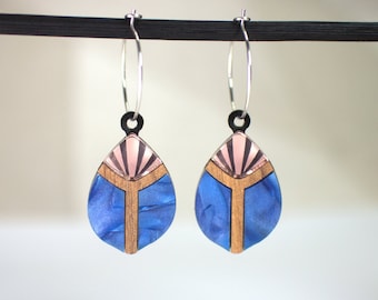 Scarab Beetle Art Deco Earrings | Laser Cut and Engraved Blue Marble and Rose Gold Mirror Acrylic with Walnut Wood