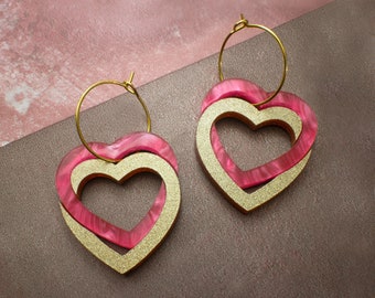 Pink Hearts Art Deco Earrings, Pink Marble and Gold Glitter Acrylic Heart Earrings with Walnut Wood Base, Valentines Heart Earrings