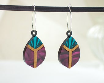 Scarab Beetle Art Deco Earrings | Laser Cut and Engraved Red Wine Marble and Jade Green Mirror Acrylic with Walnut Wood