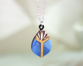 Scarab Beetle Art Deco Necklace | Laser Cut and Engraved Blue Marble and Rose Gold Mirror Acrylic with Walnut Wood