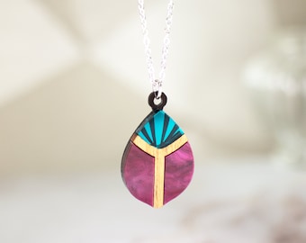 Scarab Beetle Art Deco Necklace | Laser Cut and Engraved Red Wine Marble and Teal Green Mirror Acrylic with Walnut Wood