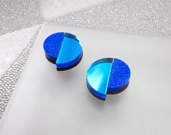 Blue Glitter and Mirror Circle Earrings, Art Deco Earrings, Geometric Earrings, Laser Cut Earrings, Blue Earrings, Stud Earrings