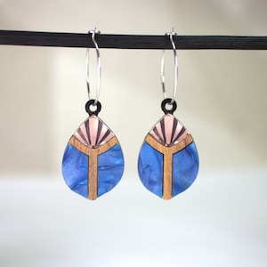 Scarab Beetle Art Deco Earrings | Laser Cut and Engraved Blue Marble and Rose Gold Mirror Acrylic with Walnut Wood