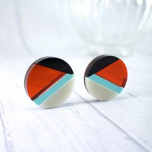 Art Deco Round Earrings, Burnt Orange Earrings, Acrylic Earrings, Retro Circle Earrings, 1960's Earrings, Stud Earrings, Laser Cut Earrings