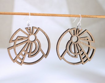 Wood Earrings, Hoop Earrings, Wooden Hoop Earrings, Art Deco Earrings, Geometric Earrings, Circle Earrings, Wood Dangle Earrings